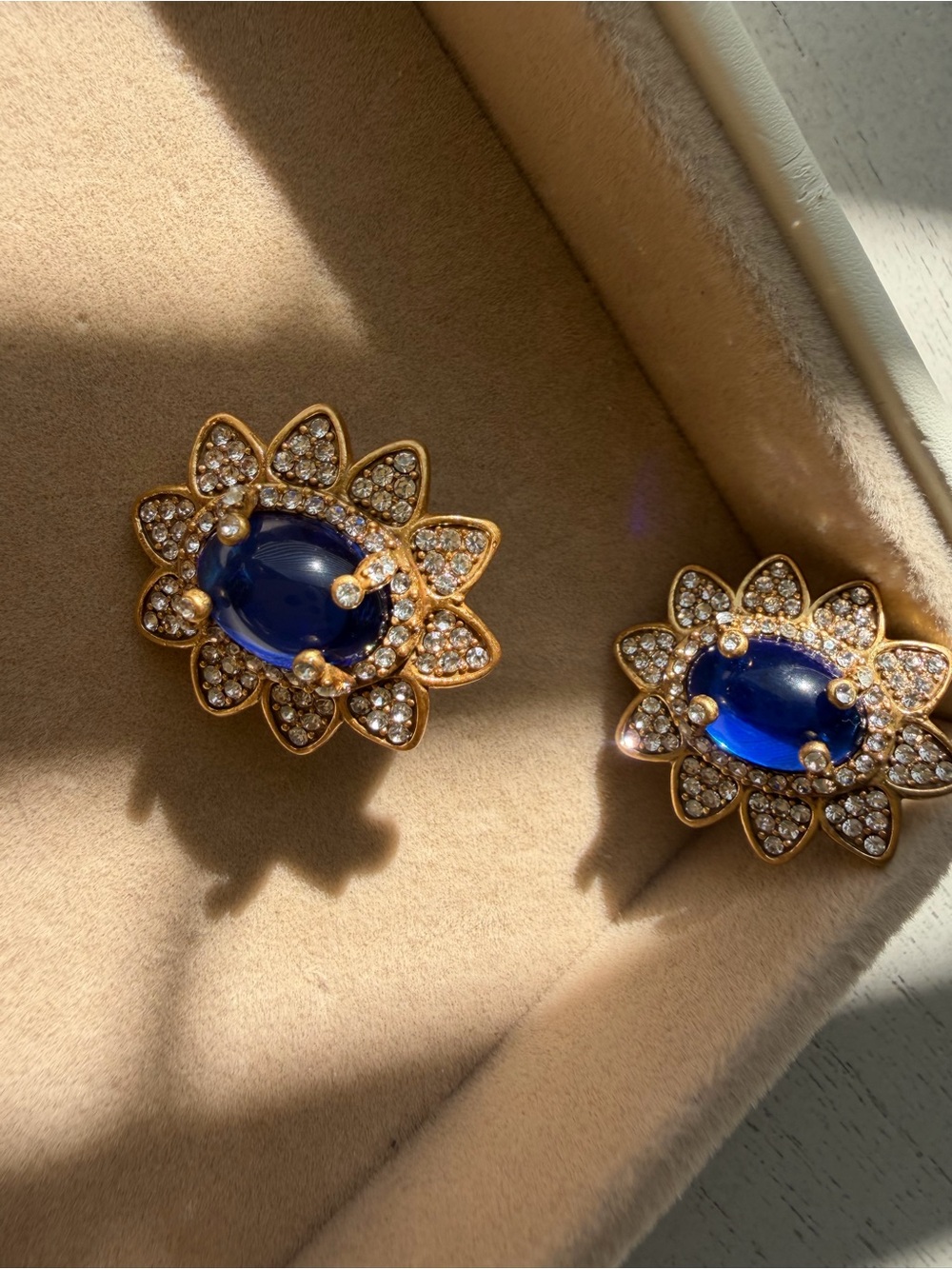 Gold and Blue Crystal Flower Stud Earrings - Women Jewelry